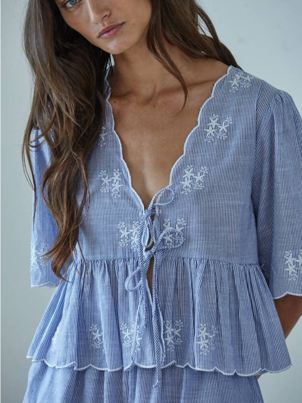 AE Blue Striped Embroidered Peplum Tie-Front Top